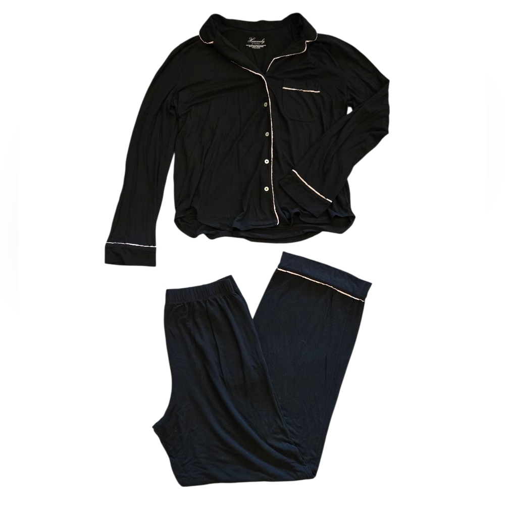 😁Victoria's Secret Heavenly Modal Black Long Sleeve Pajama Set White Detail